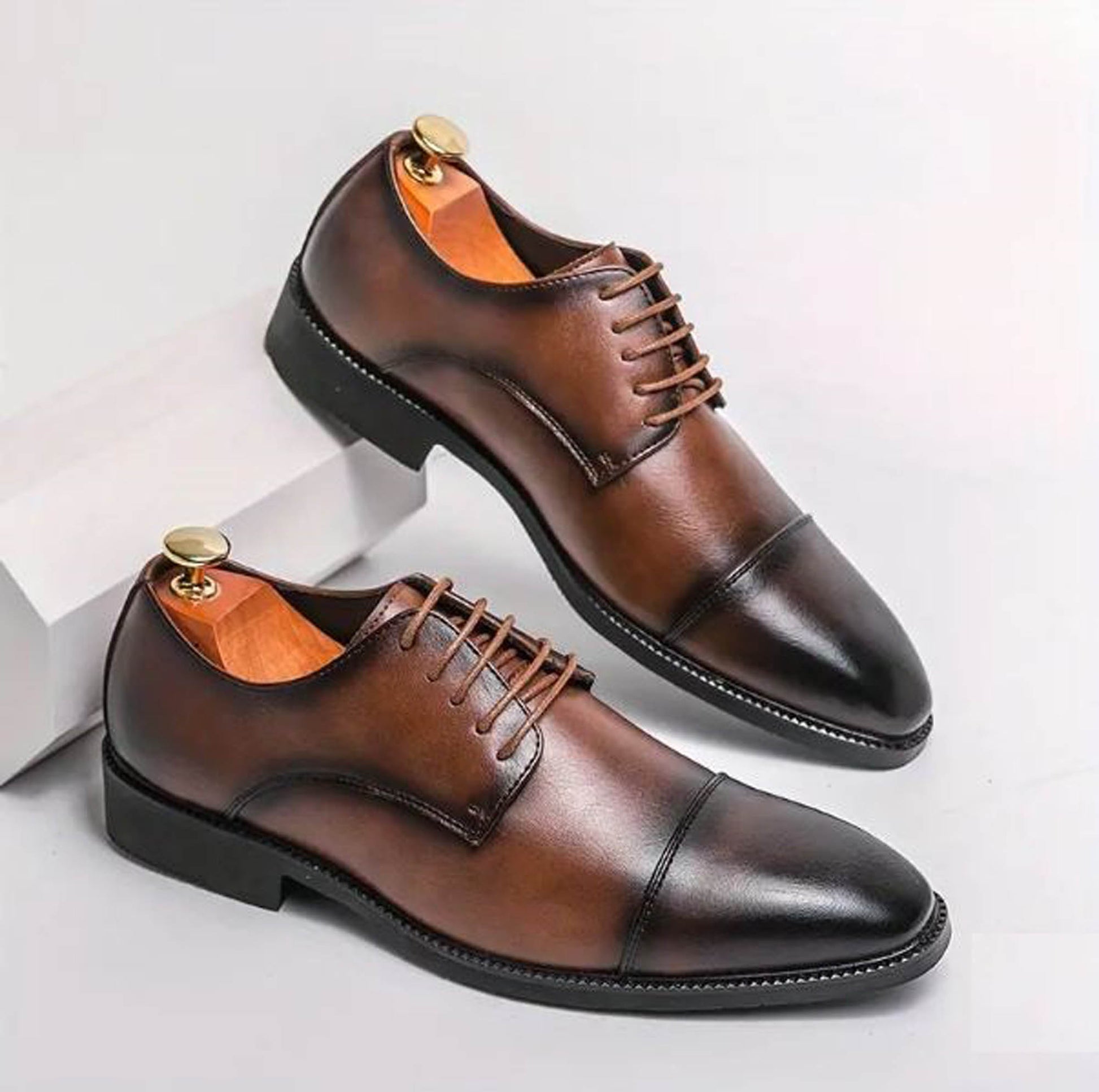 Handmade Brown Color Genuine Leather Cap Toe Black Shaded Stylish Oxfords Dress Shoes For Men's