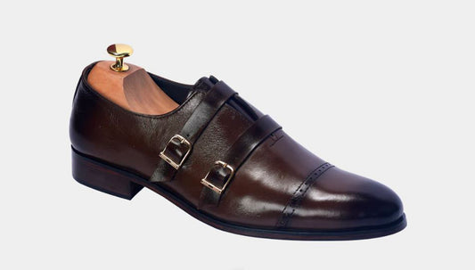 Handmade Chocolate Brown Color Genuine Leather Stylish Cap Toe Strap Shoes For Men's