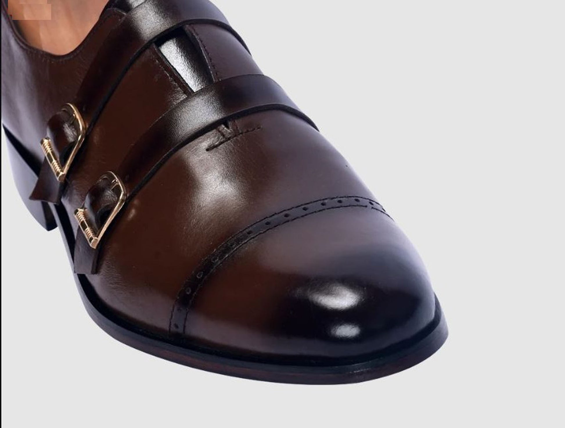 Handmade Chocolate Brown Color Genuine Leather Stylish Cap Toe Strap Shoes For Men's