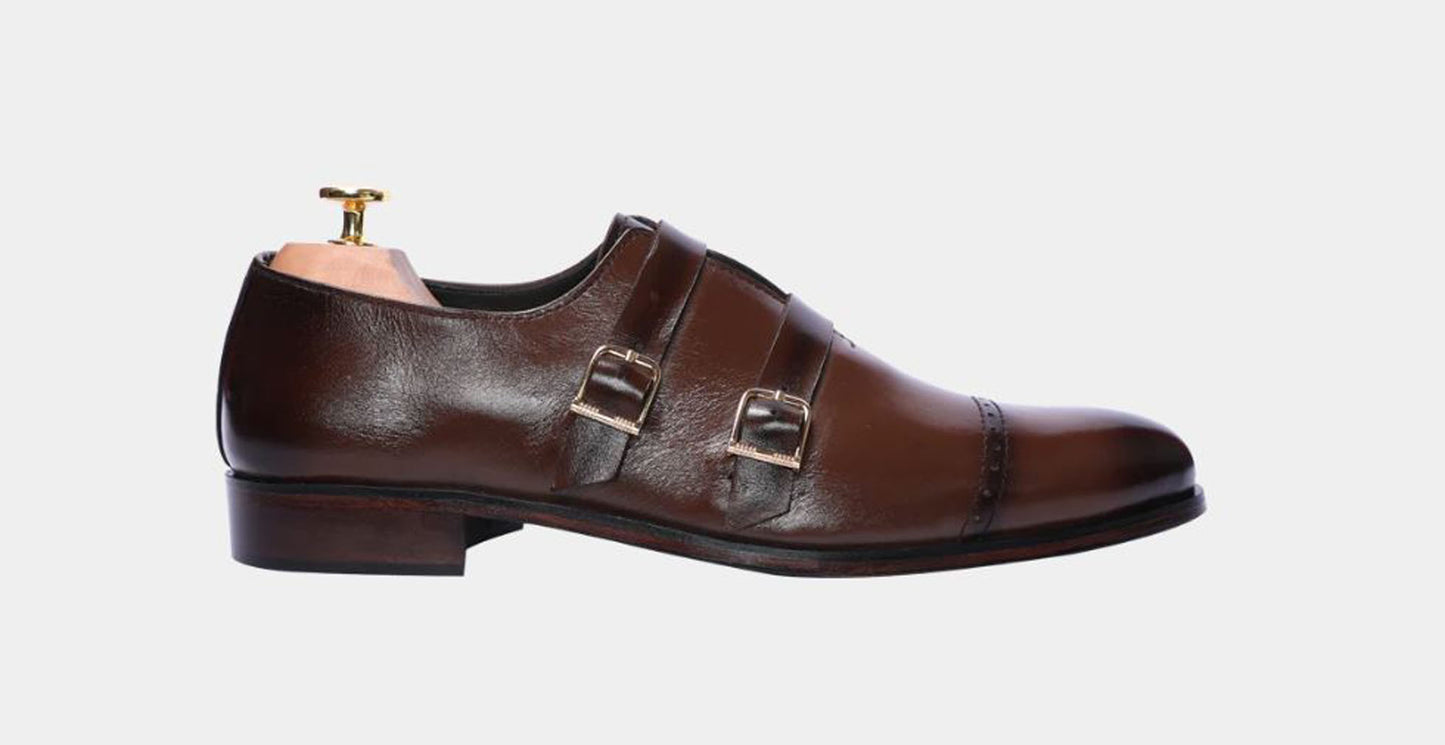 Handmade Chocolate Brown Color Genuine Leather Stylish Cap Toe Strap Shoes For Men's