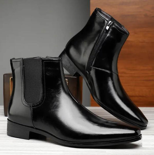 Handmade Black Color Genuine Calf Leather High Ankle Stylish Chelsea + Side Zipper Boots For Men's