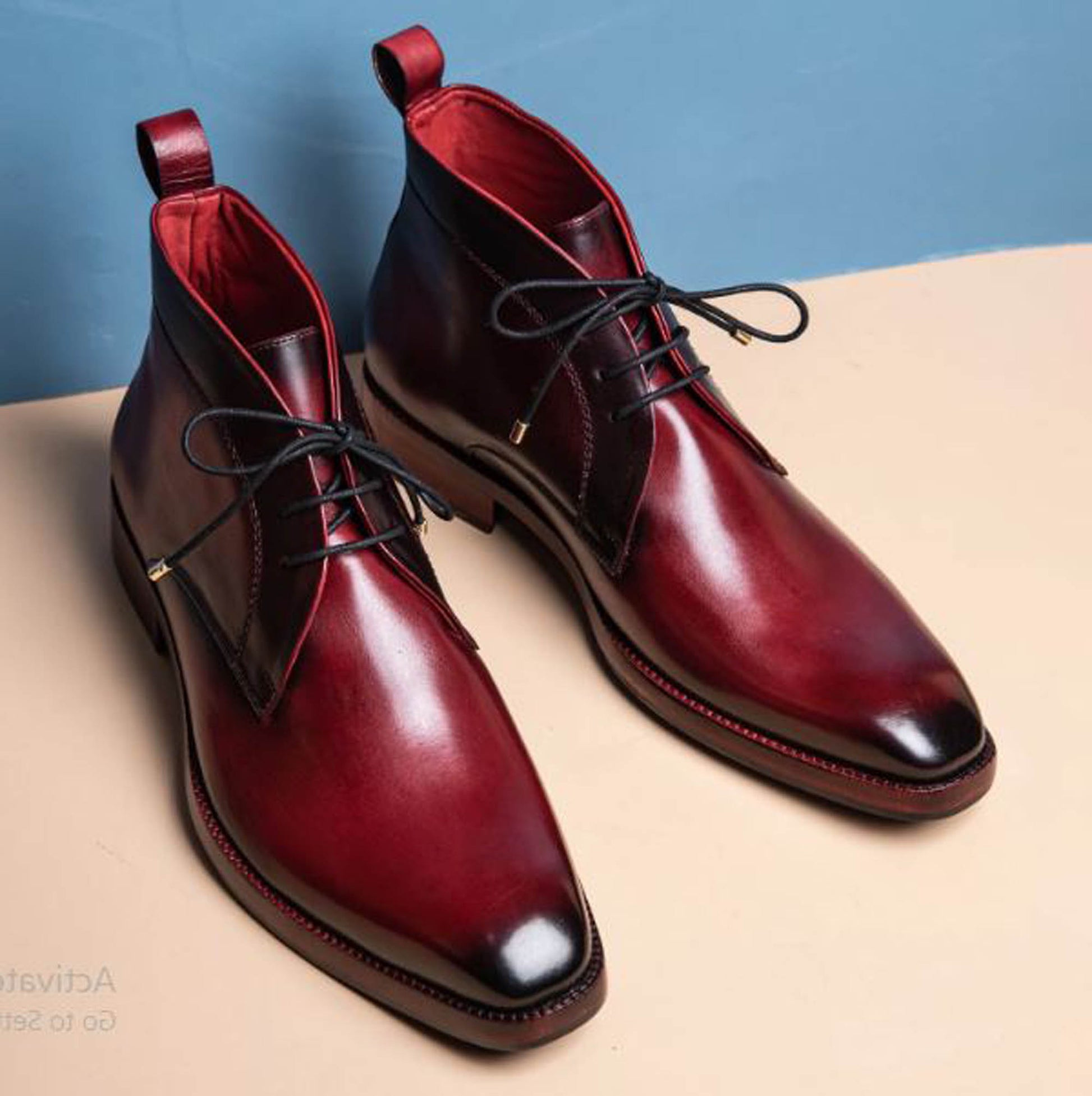 Handmade Wine Red Color Genuine Calf Leather Half Ankle Stylish Lace Up Chukka Boots For Men's