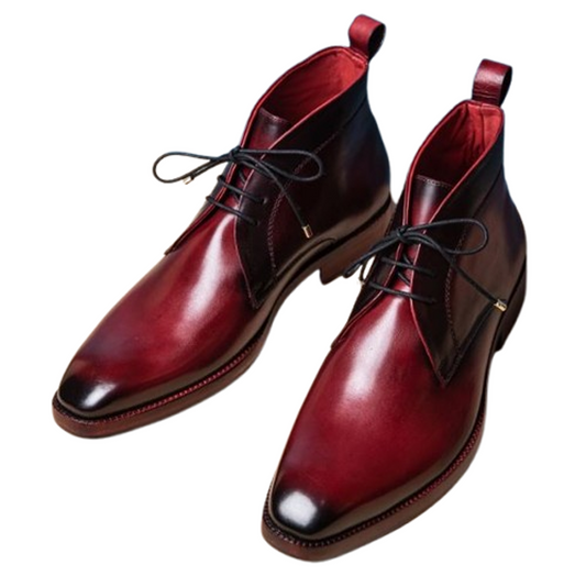 Handmade Wine Red Color Genuine Calf Leather Half Ankle Stylish Lace Up Chukka Boots For Men's