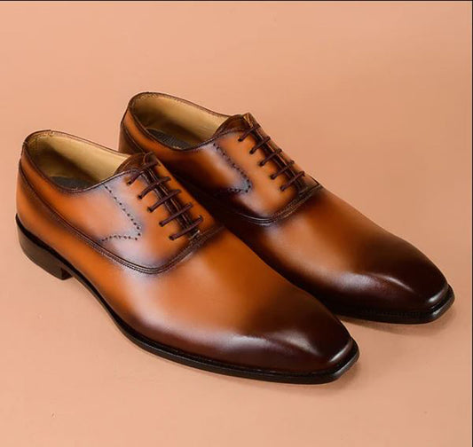 Handmade Dark Tan Two Shaded Color Genuine Calf Leather Stylish Lace Up Dress Shoes For Men's