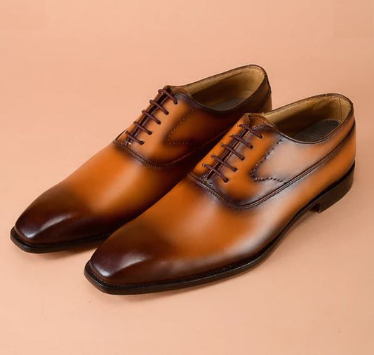 Handmade Dark Tan Two Shaded Color Genuine Calf Leather Stylish Lace Up Dress Shoes For Men's