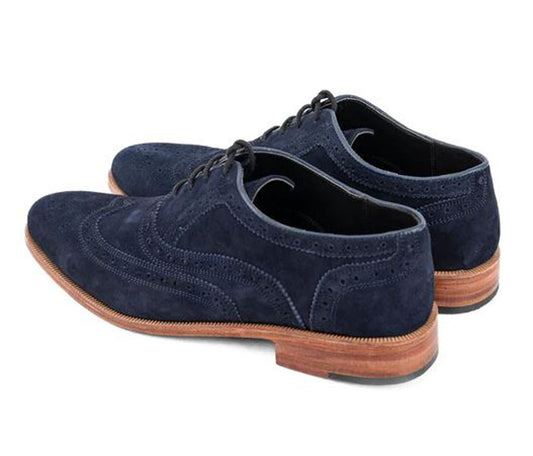 Handmade Navy Blue Color Genuine Suede Stylish Wing Tip Brogue Lace Up Shoes For Men's