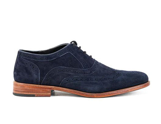 Handmade Navy Blue Color Genuine Suede Stylish Wing Tip Brogue Lace Up Shoes For Men's