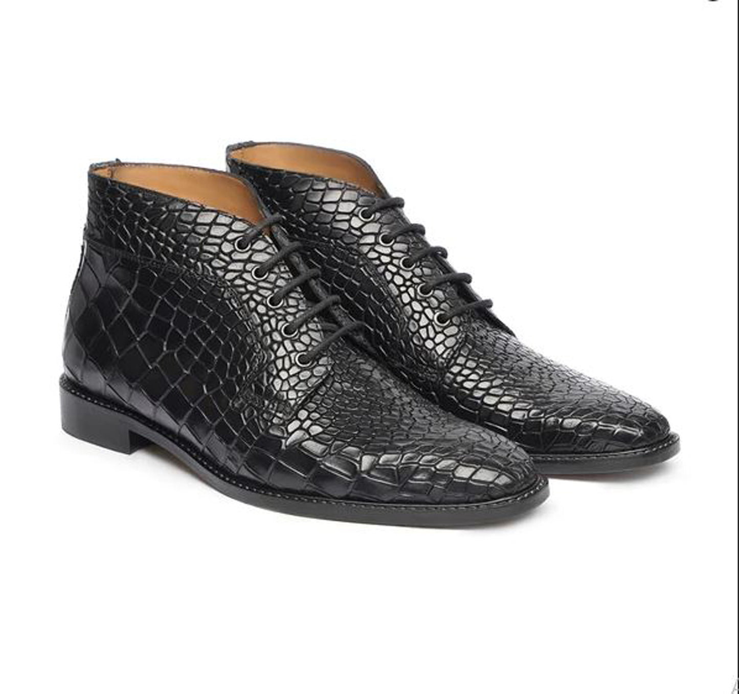 Handmade Black Color Genuine  Alligator Textured Leather Stylish Lace Up Chukka Boots Men' s