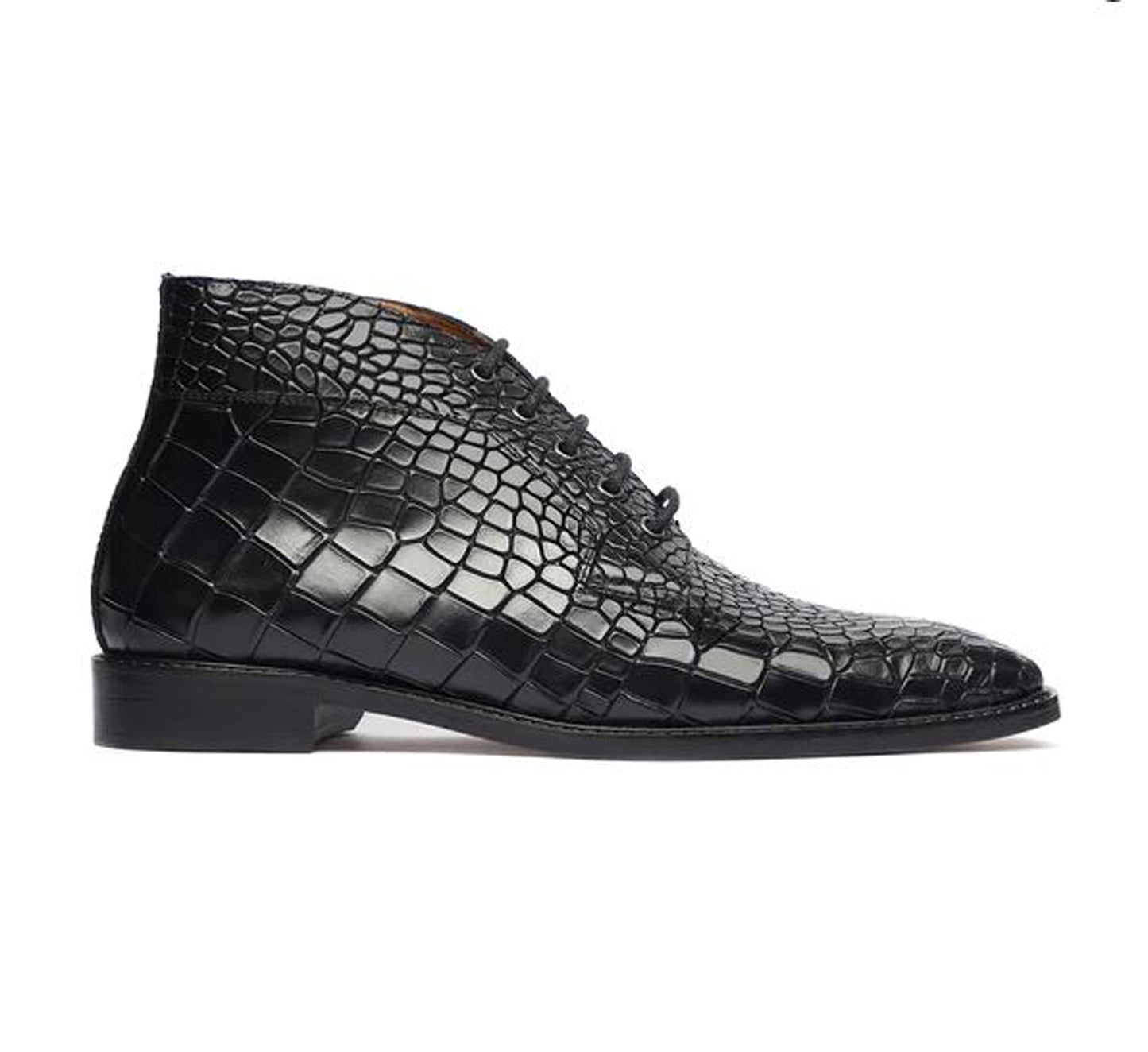 Handmade Black Color Genuine  Alligator Textured Leather Stylish Lace Up Chukka Boots Men' s