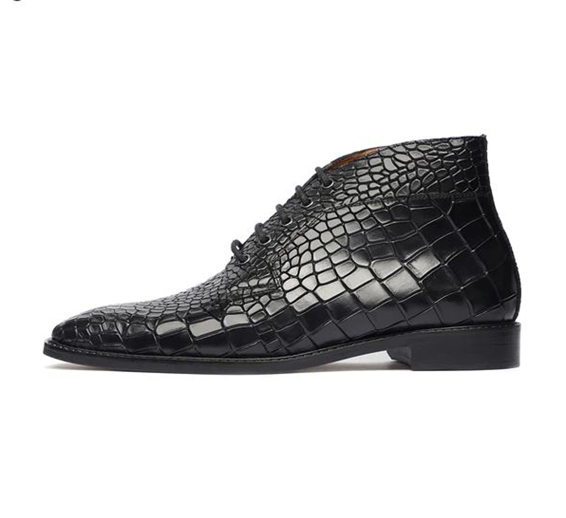 Handmade Black Color Genuine  Alligator Textured Leather Stylish Lace Up Chukka Boots Men' s