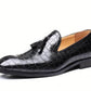 Handmade Black Color Genuine  Alligator Textured Leather Stylish Loafers with Tasseled Shoes For Men's