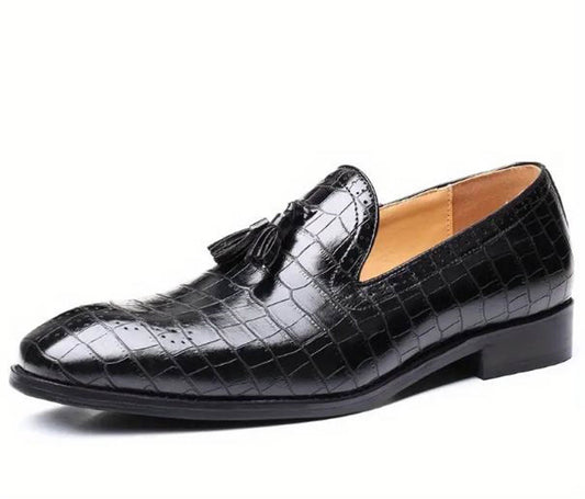 Handmade Black Color Genuine  Alligator Textured Leather Stylish Loafers with Tasseled Shoes For Men's