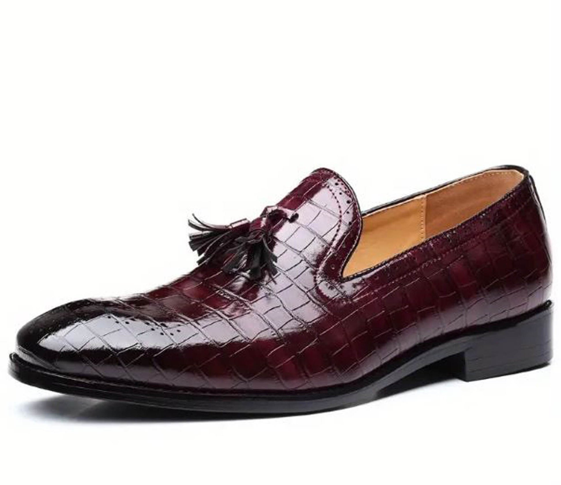 Handmade Maroon & Black Shaded Color Genuine  Alligator Textured Leather Stylish Loafers with Tasseled Shoes For Men's