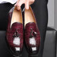 Handmade Maroon & Black Shaded Color Genuine  Alligator Textured Leather Stylish Loafers with Tasseled Shoes For Men's