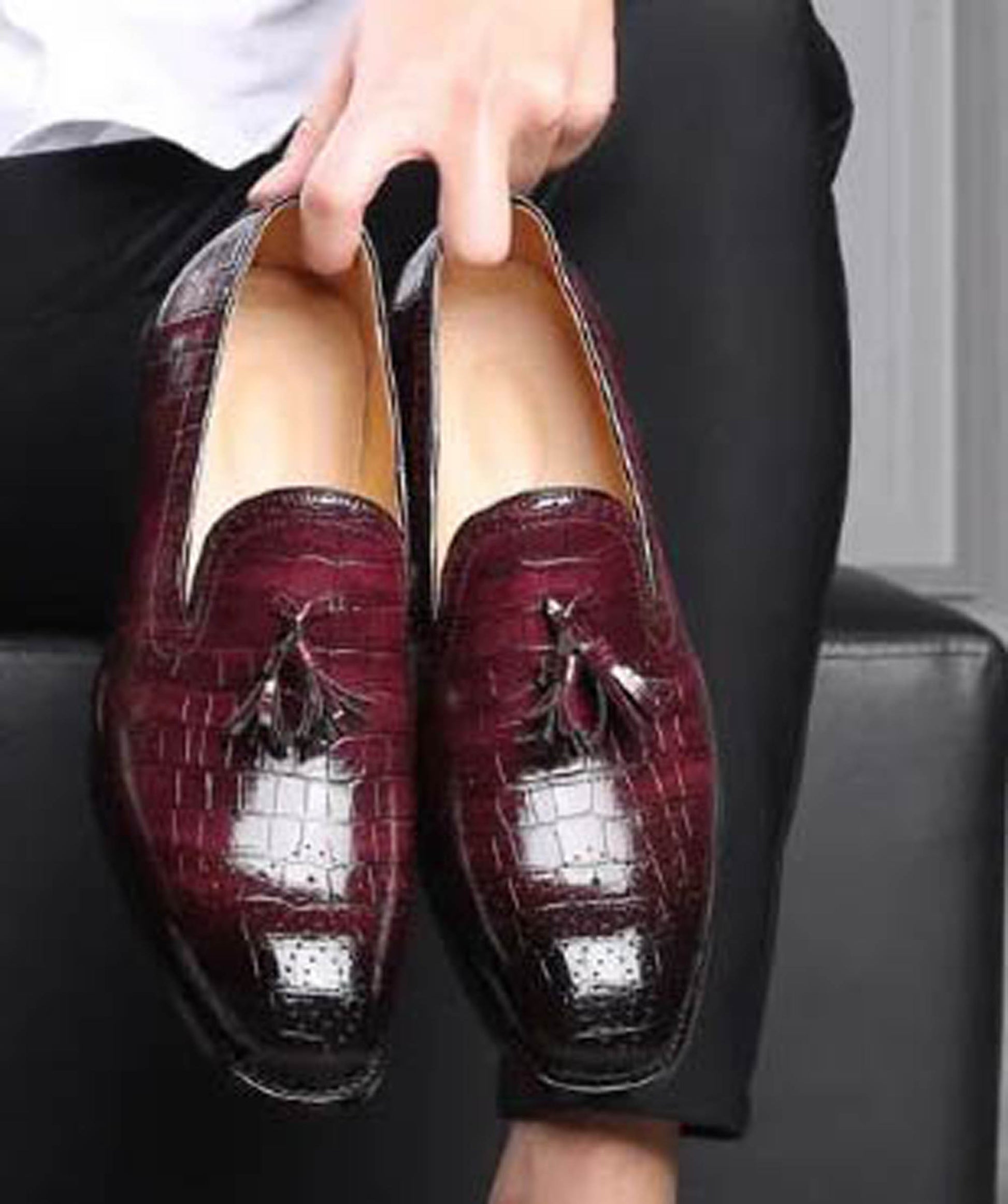 Handmade Maroon & Black Shaded Color Genuine  Alligator Textured Leather Stylish Loafers with Tasseled Shoes For Men's