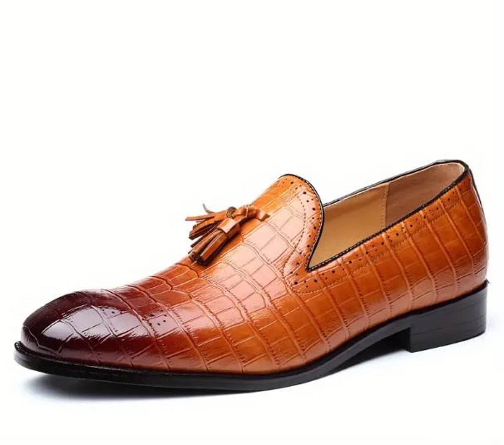 Handmade Tan Color Maroon Shaded Genuine Alligator Textured Leather Stylish Loafers with Tasseled Shoes For Men's