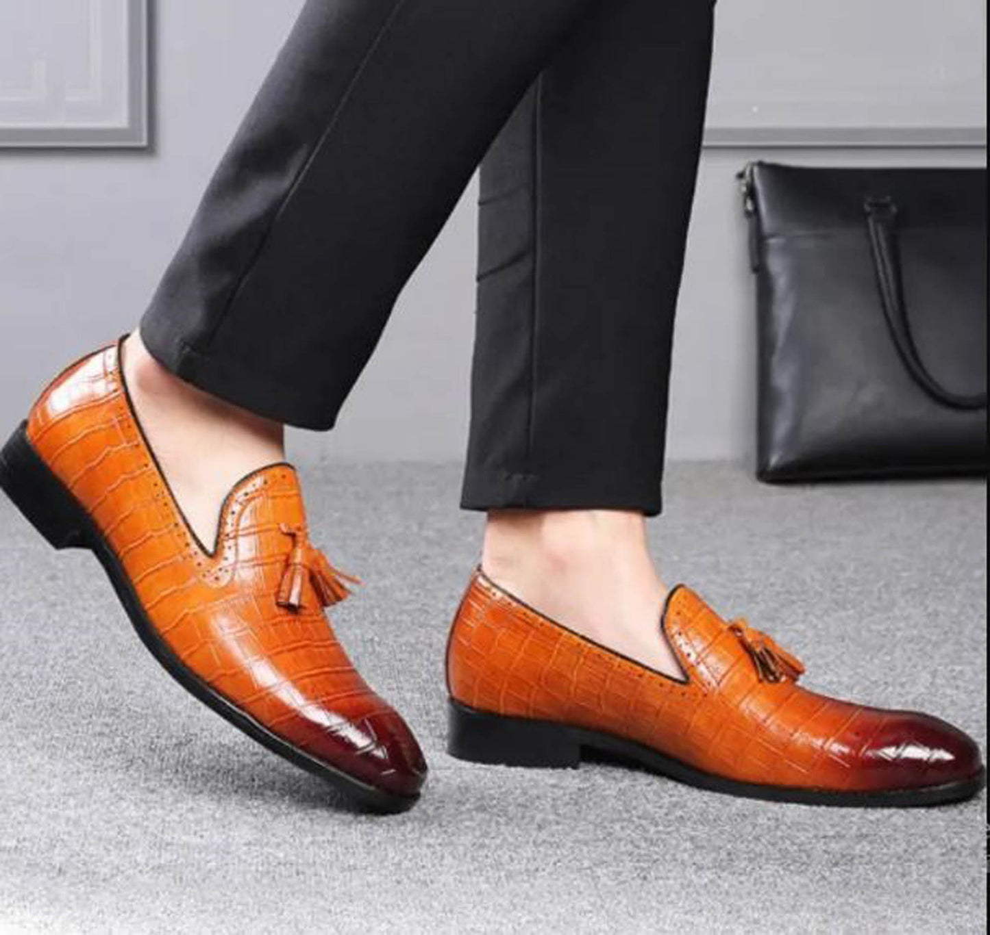 Handmade Tan Color Maroon Shaded Genuine Alligator Textured Leather Stylish Loafers with Tasseled Shoes For Men's