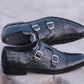 Handmade Black Color Genuine Alligator Textured Calf Leather Stylish Double Monk Strap Dress Shoes For Men's