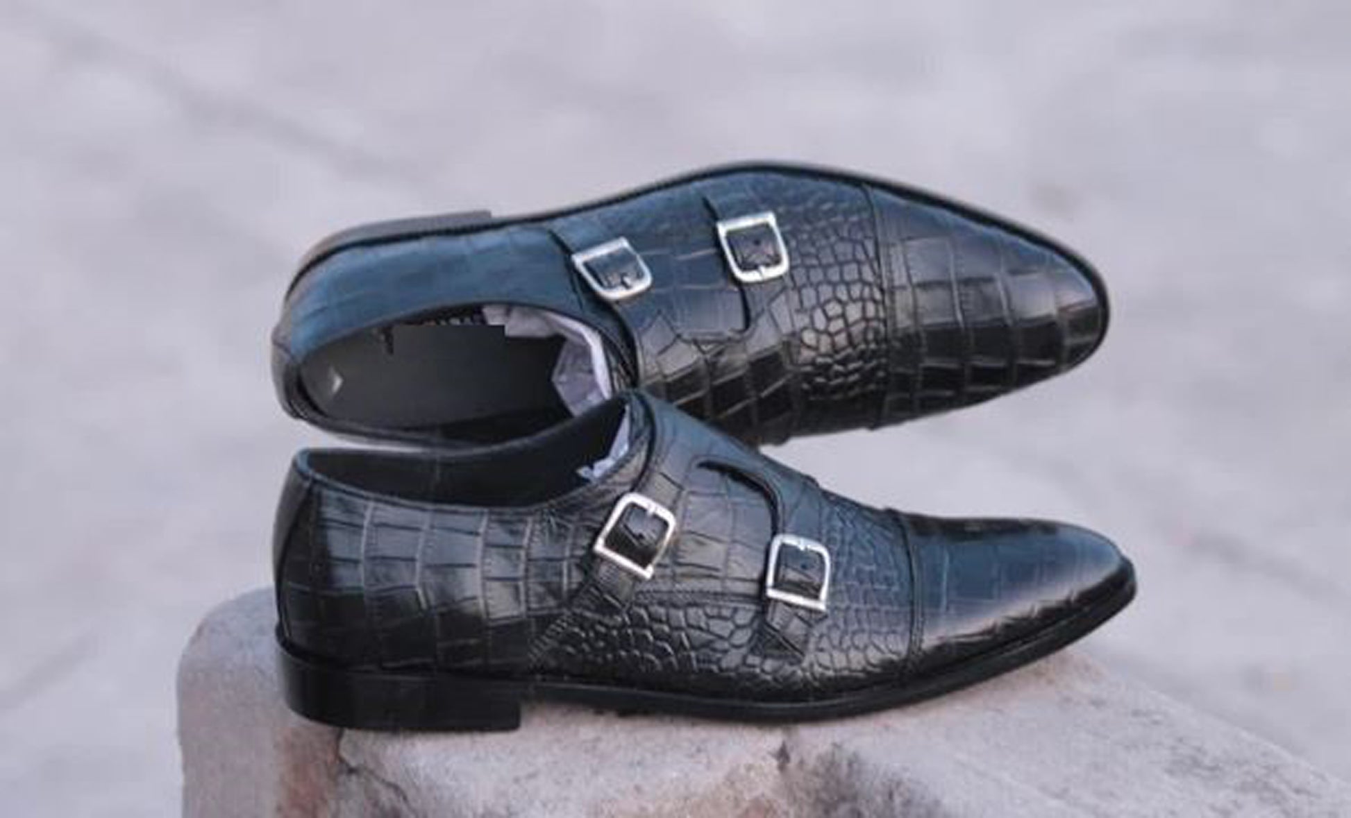 Handmade Black Color Genuine Alligator Textured Calf Leather Stylish Double Monk Strap Dress Shoes For Men's