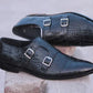 Handmade Black Color Genuine Alligator Textured Calf Leather Stylish Double Monk Strap Dress Shoes For Men's