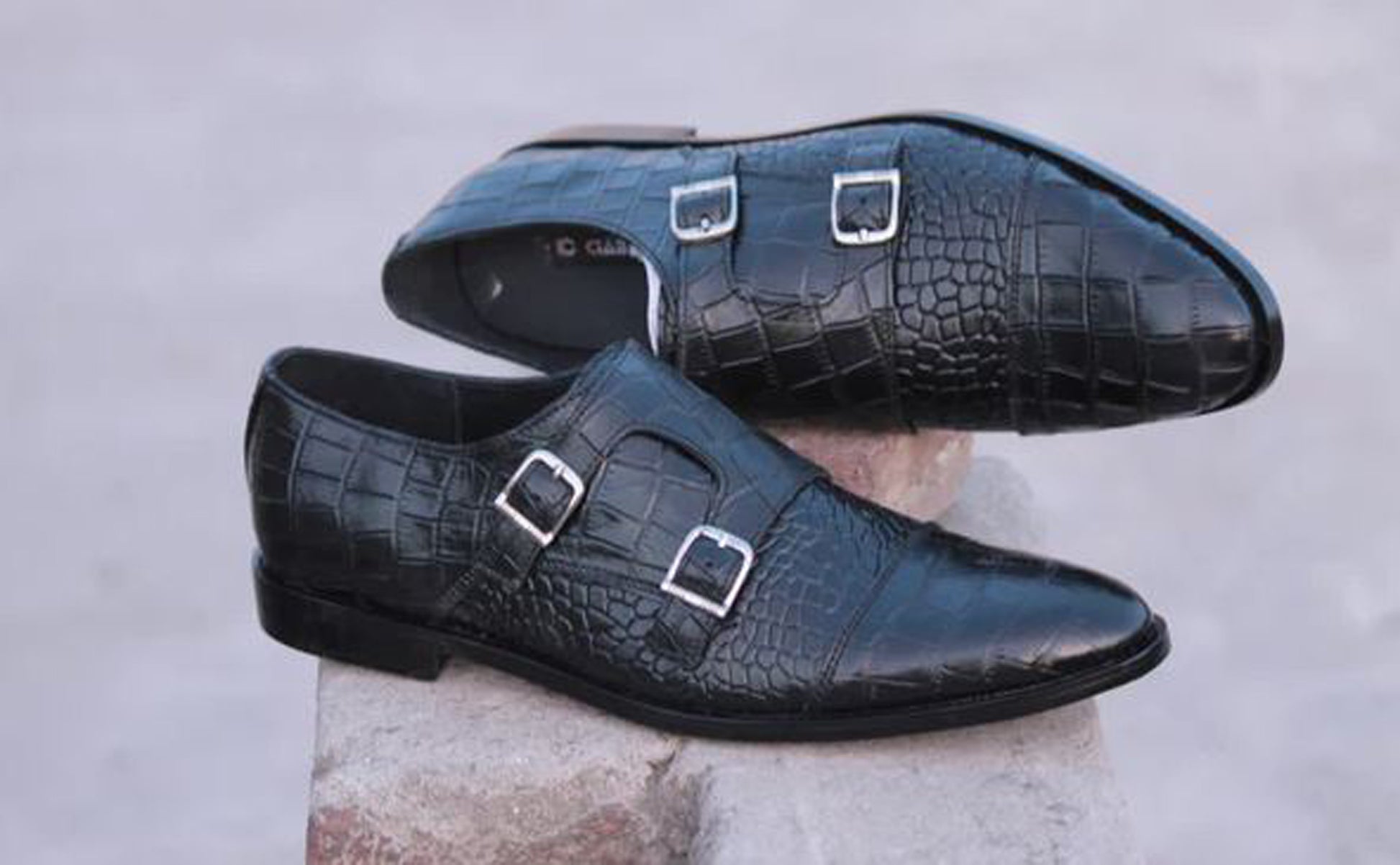 Handmade Black Color Genuine Alligator Textured Calf Leather Stylish Double Monk Strap Dress Shoes For Men's