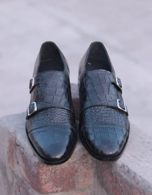 Handmade Black Color Genuine Alligator Textured Calf Leather Stylish Double Monk Strap Dress Shoes For Men's