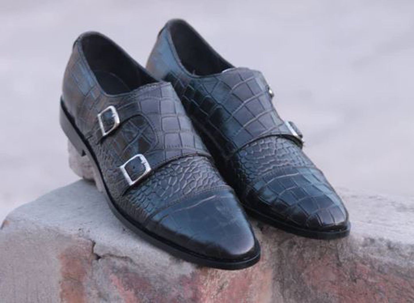 Handmade Black Color Genuine Alligator Textured Calf Leather Stylish Double Monk Strap Dress Shoes For Men's