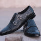 Handmade Black Color Genuine Alligator Textured Calf Leather Stylish Double Monk Strap Dress Shoes For Men's