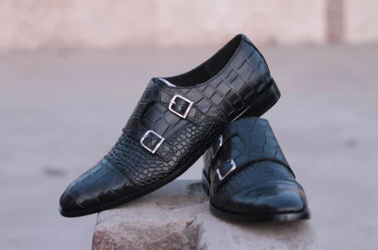 Handmade Black Color Genuine Alligator Textured Calf Leather Stylish Double Monk Strap Dress Shoes For Men's