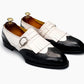 Handmade Black & White Color Genuine Leather Fringed Stylish Wing Tip Shoes For Men's