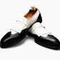 Handmade Black & White Color Genuine Leather Fringed Stylish Wing Tip Shoes For Men's