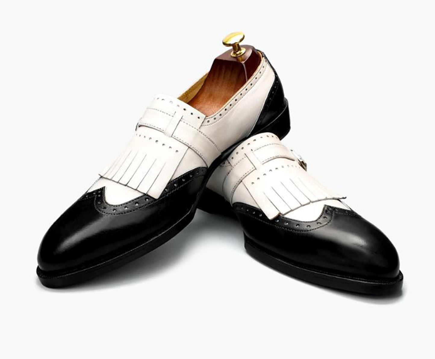 Handmade Black & White Color Genuine Leather Fringed Stylish Wing Tip Shoes For Men's