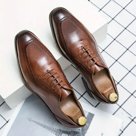 Handmade Dark Tan Color Genuine Leather Apron Toe Black Shaded Stylish Oxfords Dress Shoes For Men's