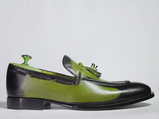 Handmade Green Color Genuine Leather Stylish Apron Toe Slip-On Black Shaded Tasseled Loafers Shoes For Men's