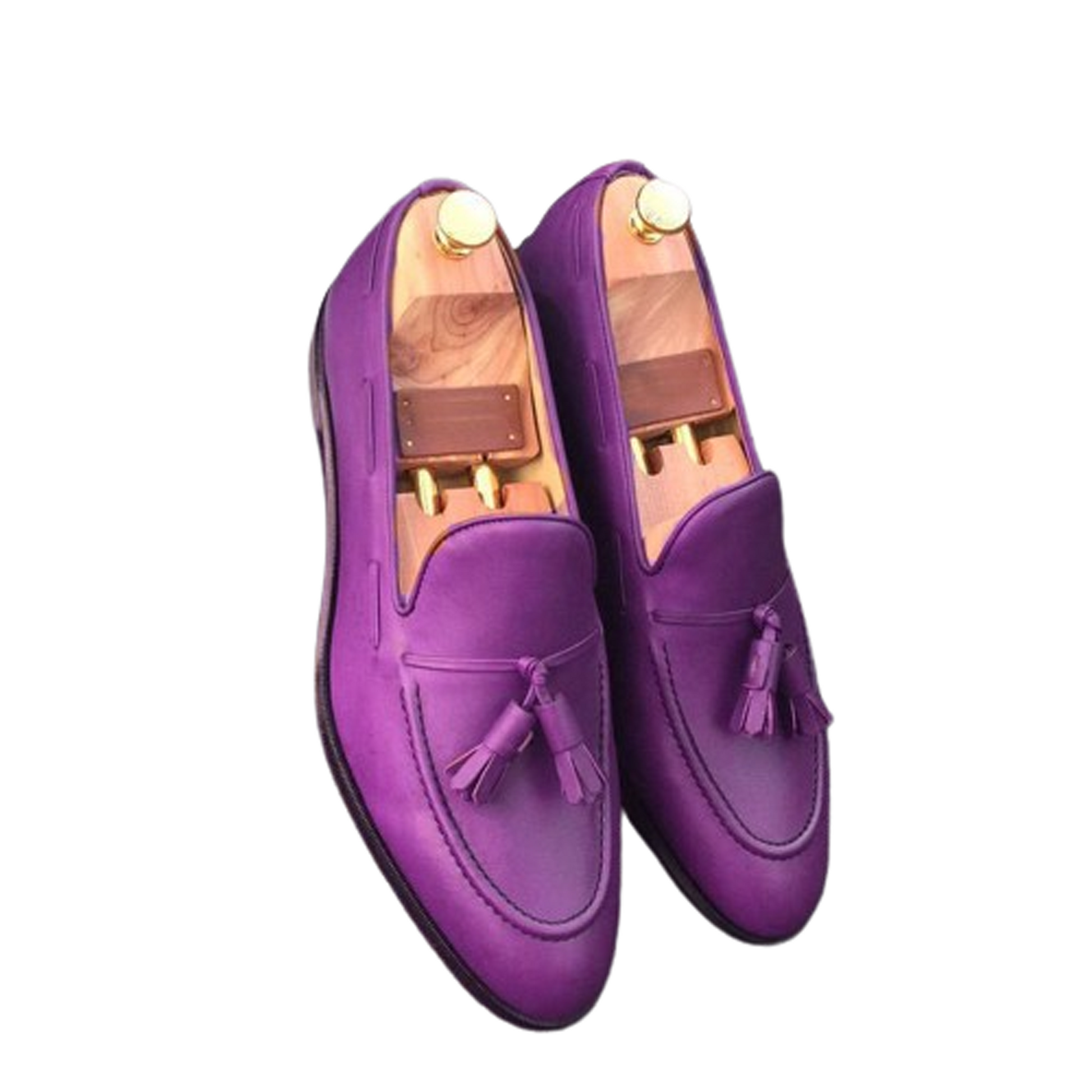 Handmade Purple, Brown Color Genuine Calf Leather Stylish Apron Toe Slip-On Tasseled Loafers Shoes For Men's