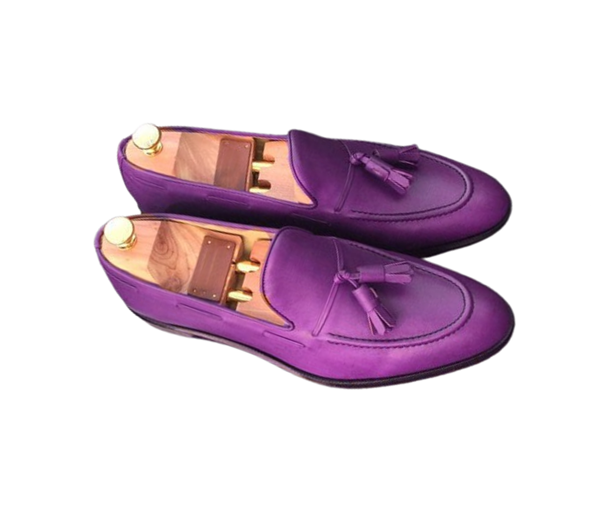 Handmade Purple, Brown Color Genuine Calf Leather Stylish Apron Toe Slip-On Tasseled Loafers Shoes For Men's