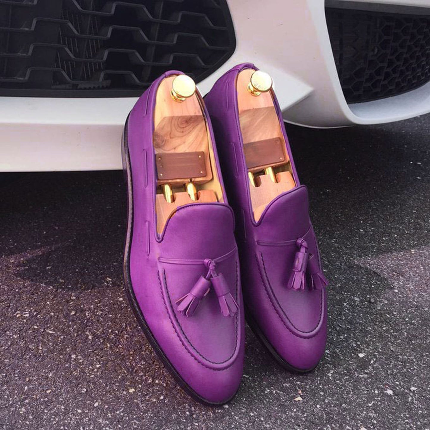 Handmade Purple, Brown Color Genuine Calf Leather Stylish Apron Toe Slip-On Tasseled Loafers Shoes For Men's