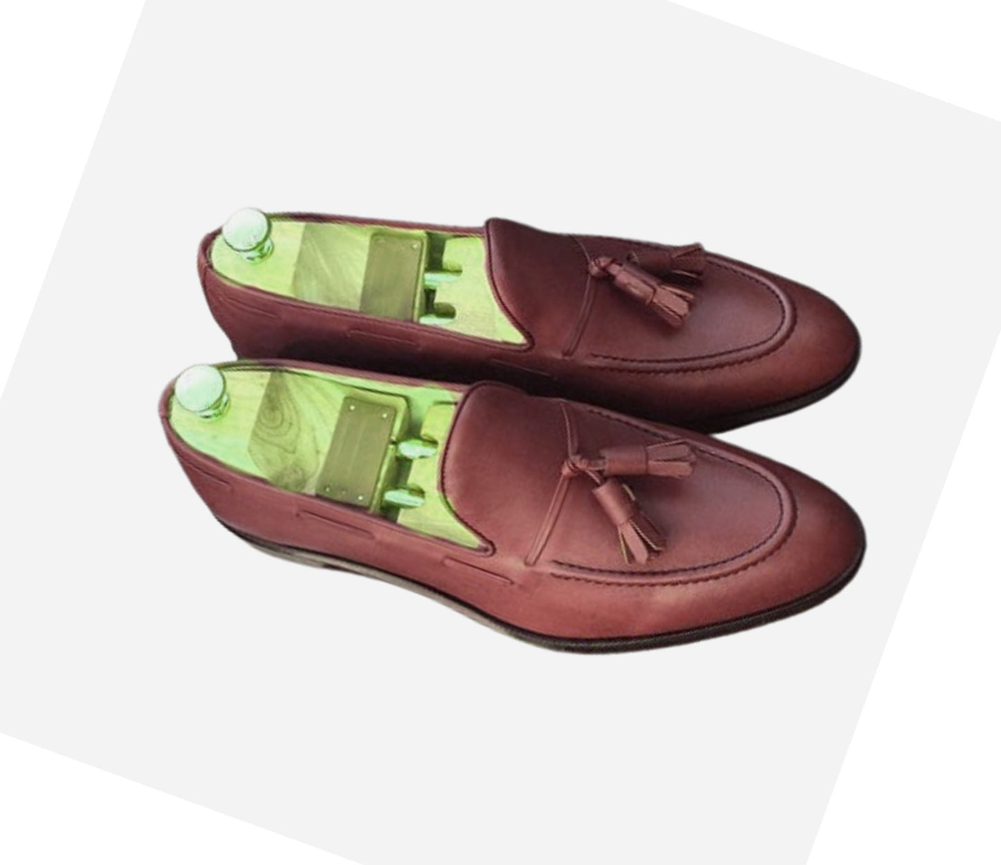 Handmade Purple, Brown Color Genuine Calf Leather Stylish Apron Toe Slip-On Tasseled Loafers Shoes For Men's