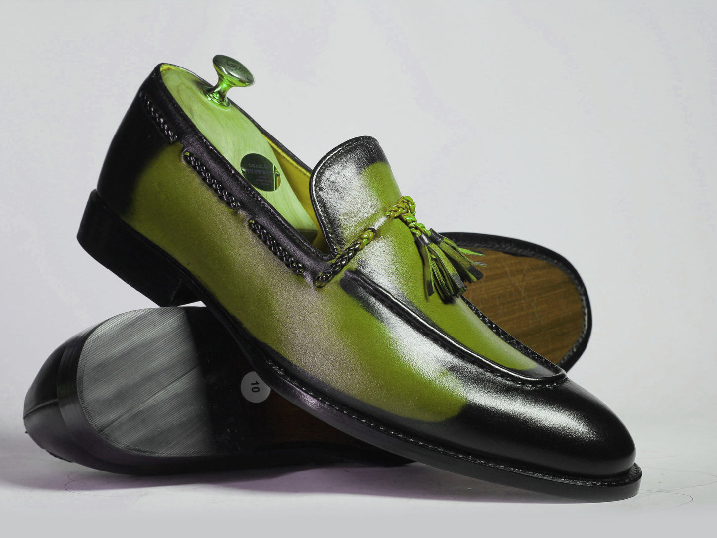 Handmade Green Color Genuine Leather Stylish Apron Toe Slip-On Black Shaded Tasseled Loafers Shoes For Men's