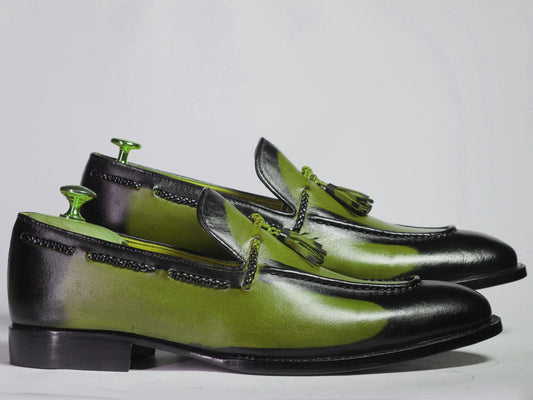 Handmade Green Color Genuine Leather Stylish Apron Toe Slip-On Black Shaded Tasseled Loafers Shoes For Men's