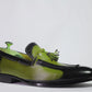 Handmade Green Color Genuine Leather Stylish Apron Toe Slip-On Black Shaded Tasseled Loafers Shoes For Men's