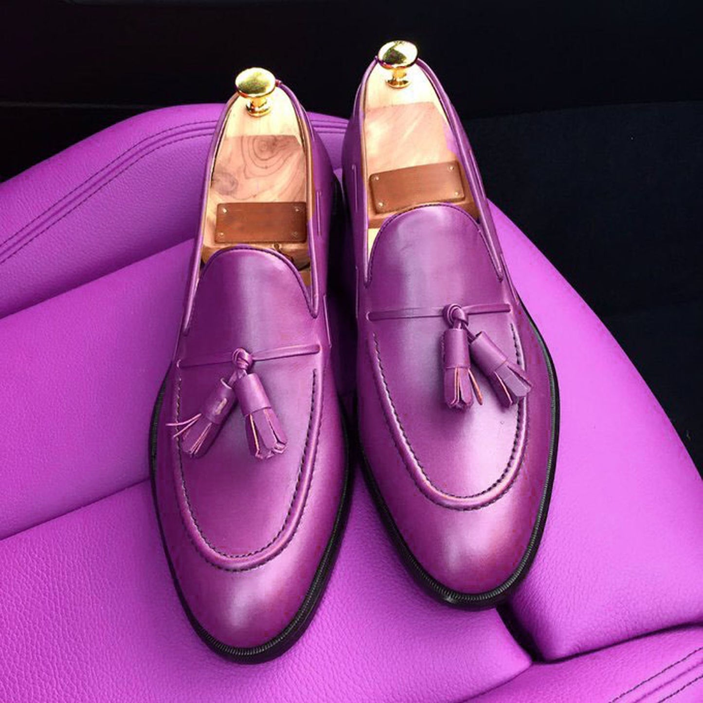 Handmade Purple, Brown Color Genuine Calf Leather Stylish Apron Toe Slip-On Tasseled Loafers Shoes For Men's