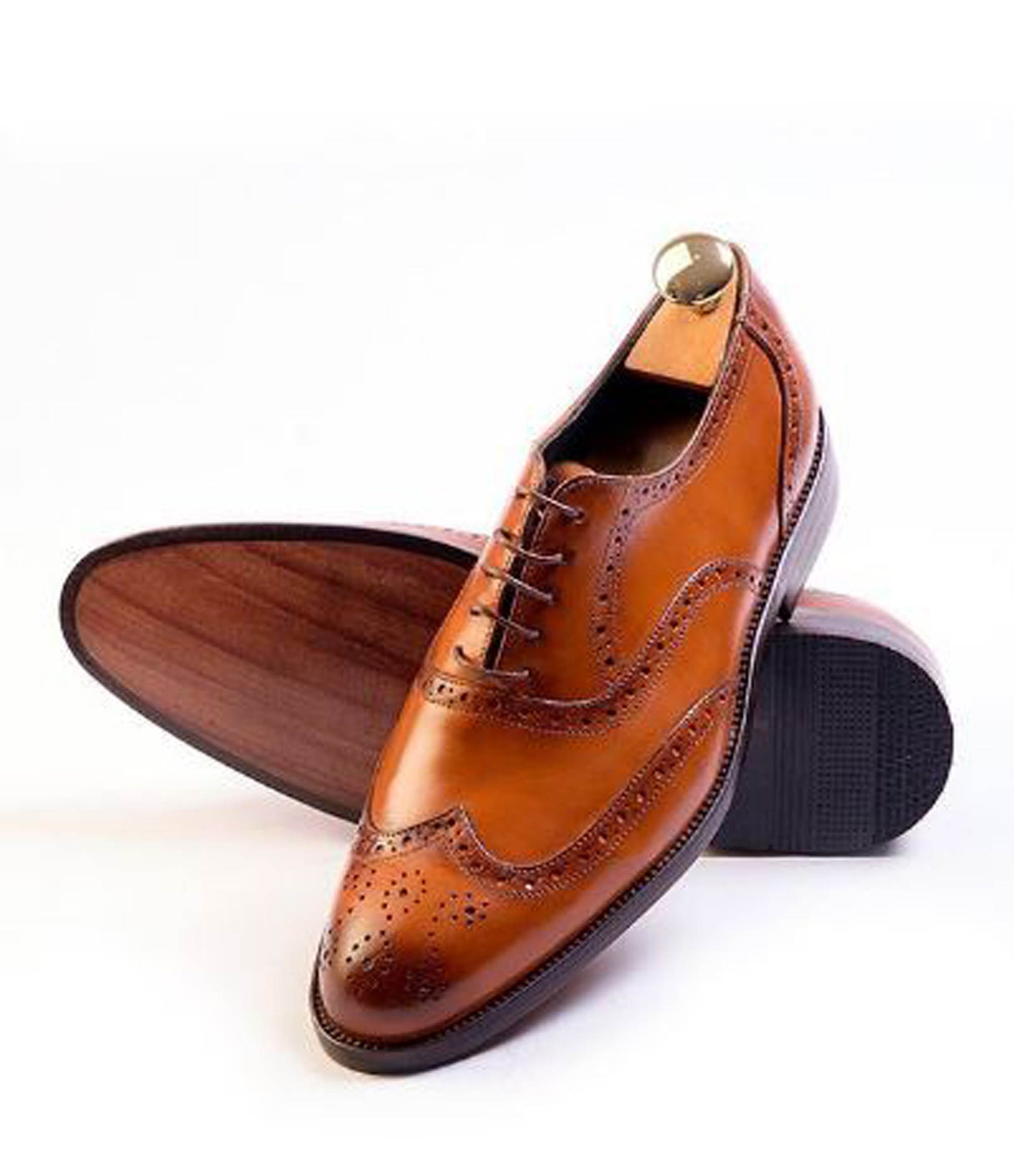 Handmade Orange Color Genuine Leather Wing Tip Brogues Stylish Oxfords Dress Shoes For Men's