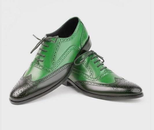 Handmade Black & Green Color Genuine Leather Wing Tip Brogues Stylish Oxfords Dress Shoes For Men's