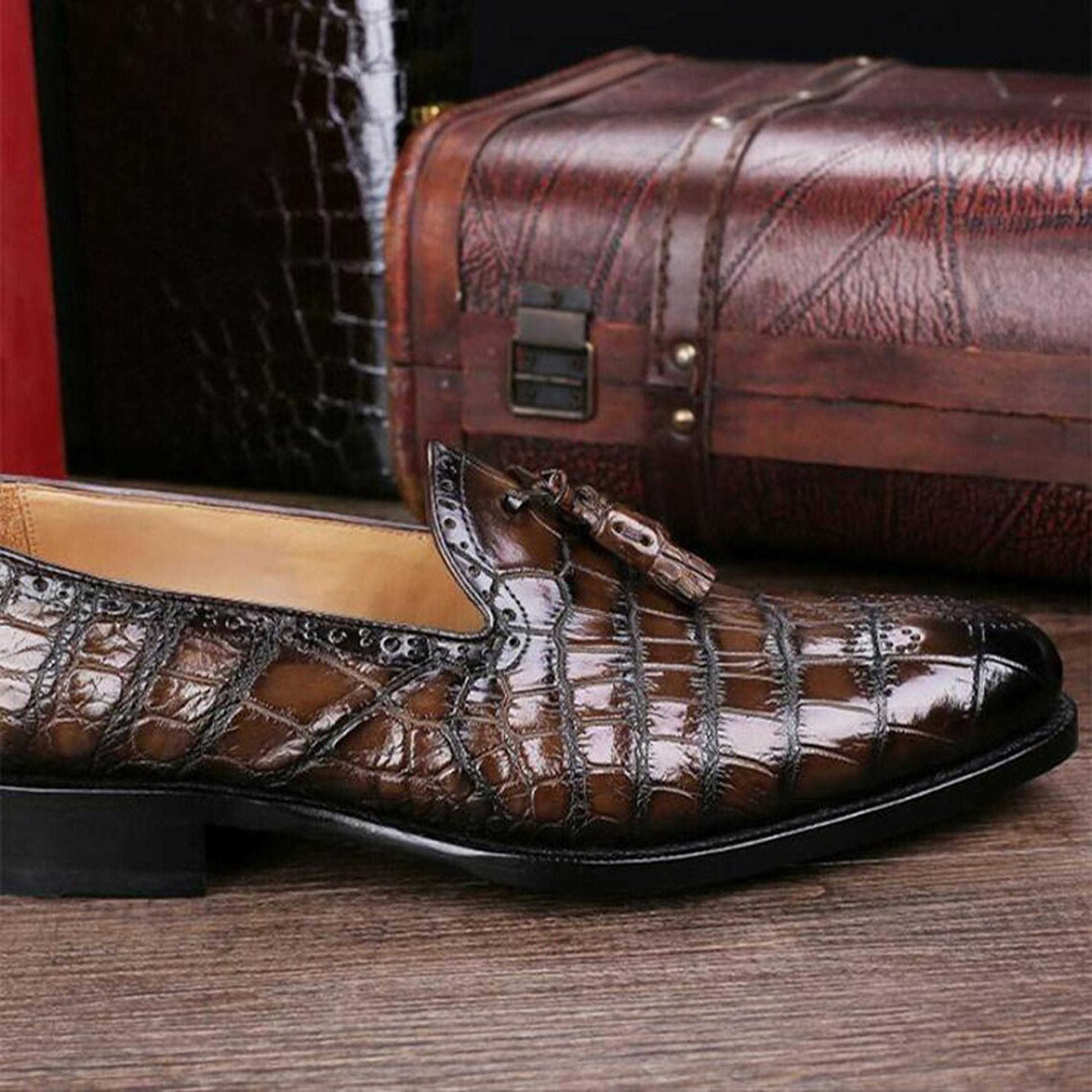 Handmade Brown Color Genuine Alligator Textured Leather Stylish Slip-On Tasseled Loafers Shoes For Men's