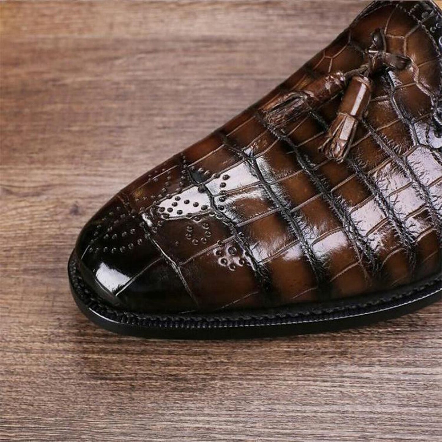 Handmade Brown Color Genuine Alligator Textured Leather Stylish Slip-On Tasseled Loafers Shoes For Men's