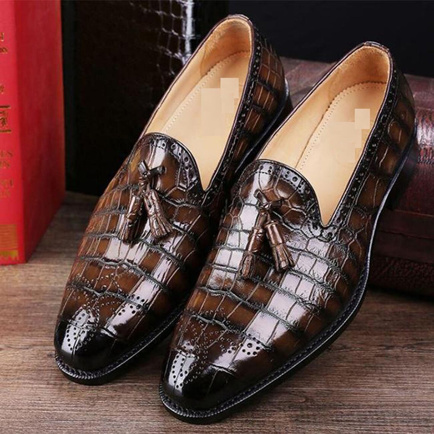 Handmade Brown Color Genuine Alligator Textured Leather Stylish Slip-On Tasseled Loafers Shoes For Men's