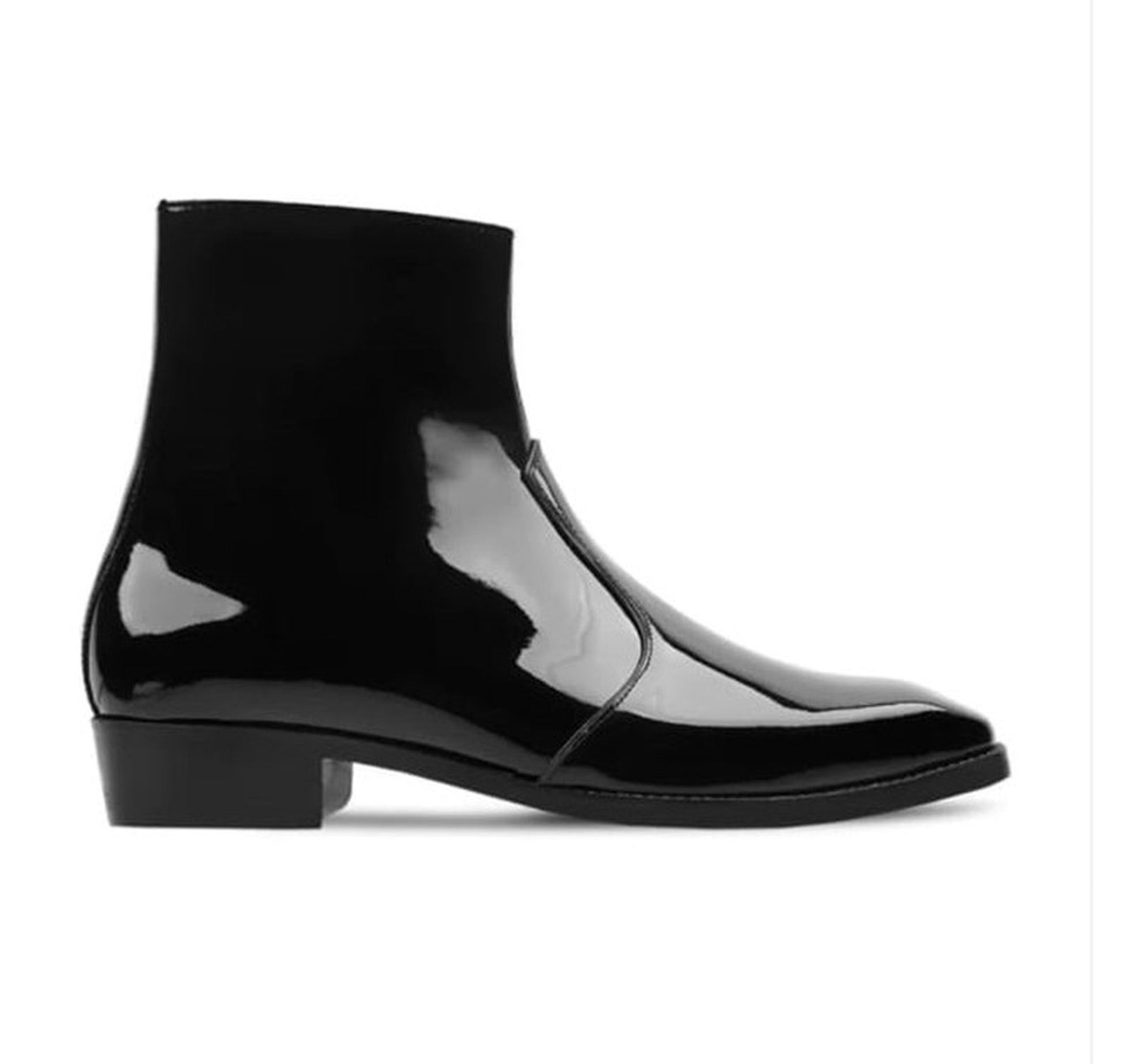 Handmade Black Color Genuine Patent Leather Stylish Ankle Side Zipper Boots For Men's