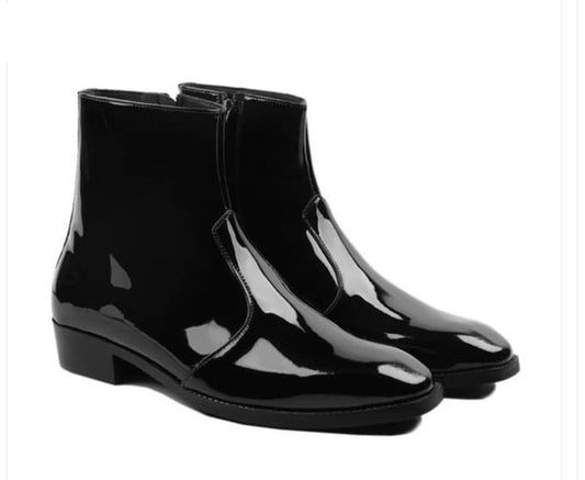 Handmade Black Color Genuine Patent Leather Stylish Ankle Side Zipper Boots For Men's