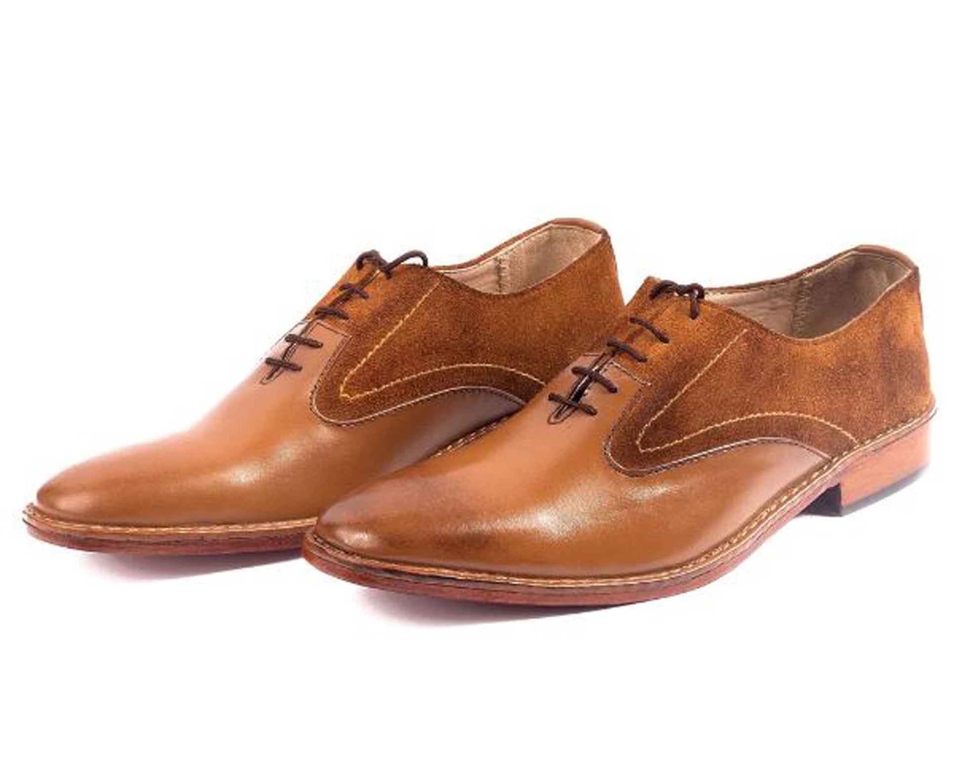 Handmade Tan Color Genuine Leather & Suede Stylish Oxfords Dress Shoes For Men's